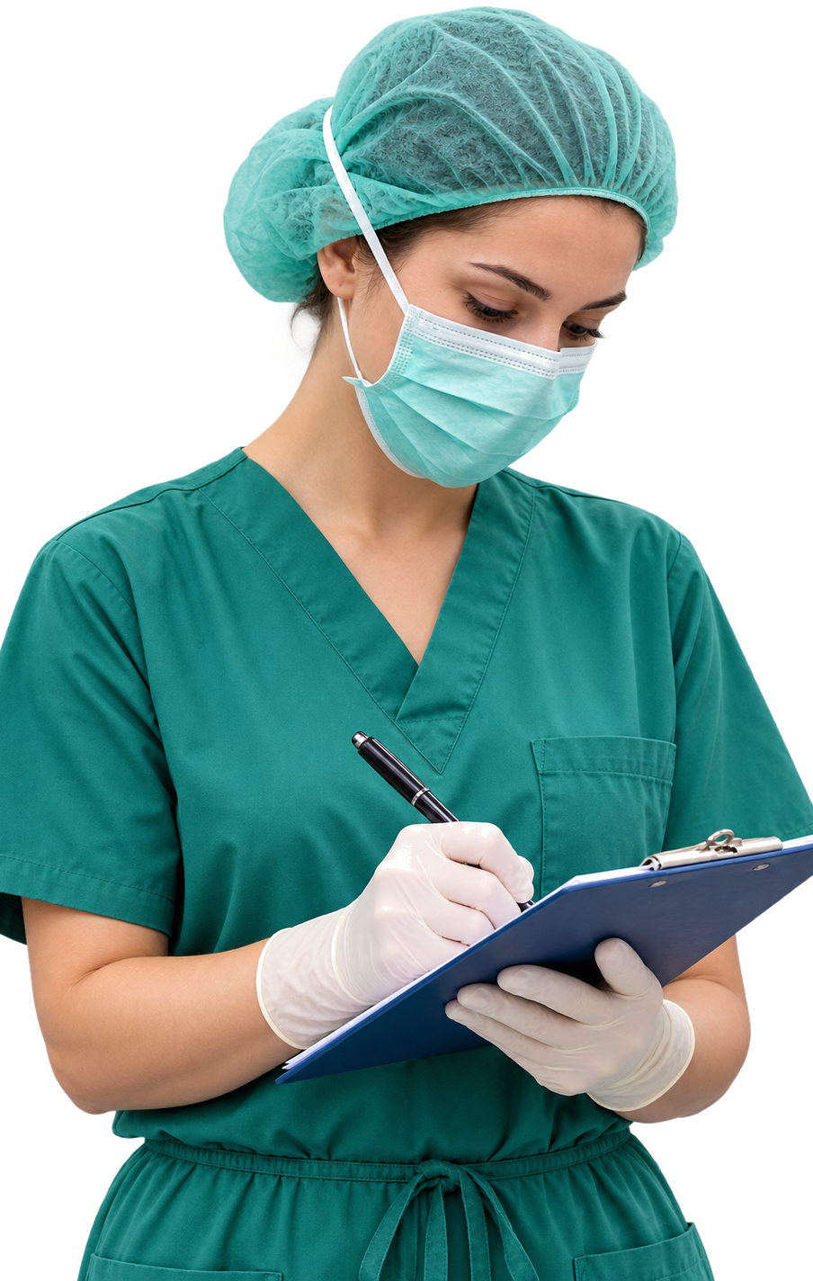 theatre-case-study-clinician-notes-cutout-aug26 healthcare consultant reviewing patient notes on a clipboard in a clinical setting