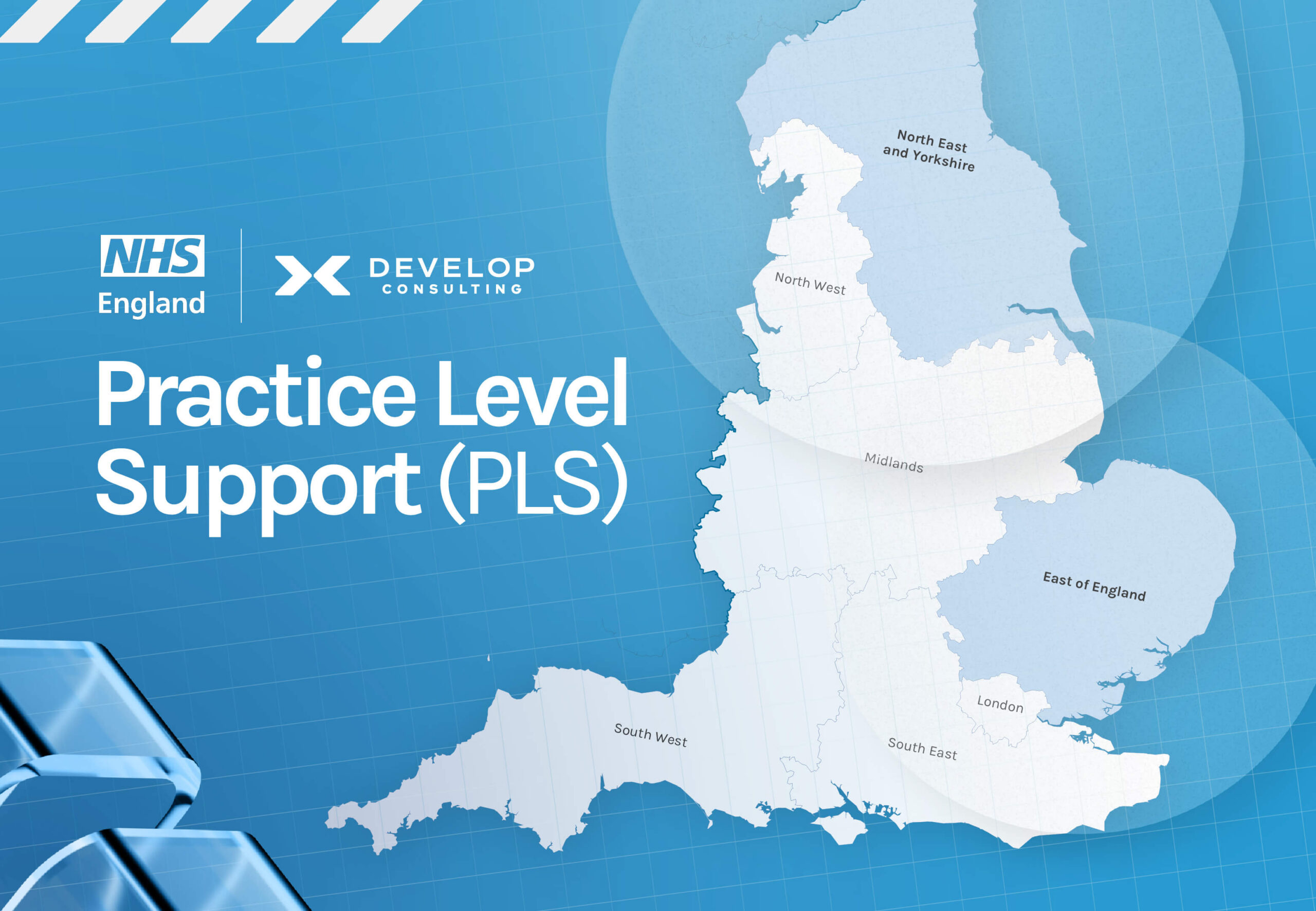 map showing Develop Consulting's Practice Level Support delivery regions across East of England and North East and Yorkshire